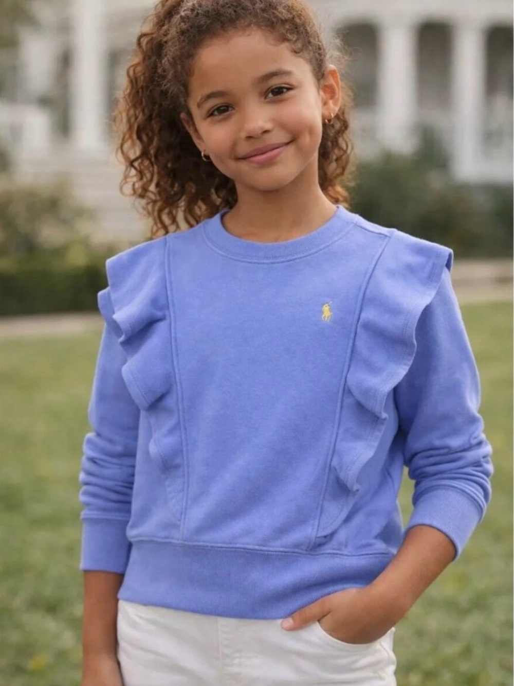 NWT Ralph Lauren Crewneck Ruffle Sweatshirt in French Blue Sz: 6 | Preppy